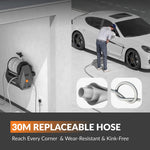 HydroWall Pro — "The wall-mounted pressure washer that stores itself: 30m reach, zero clutter."