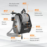 HydroWall Pro — "The wall-mounted pressure washer that stores itself: 30m reach, zero clutter."