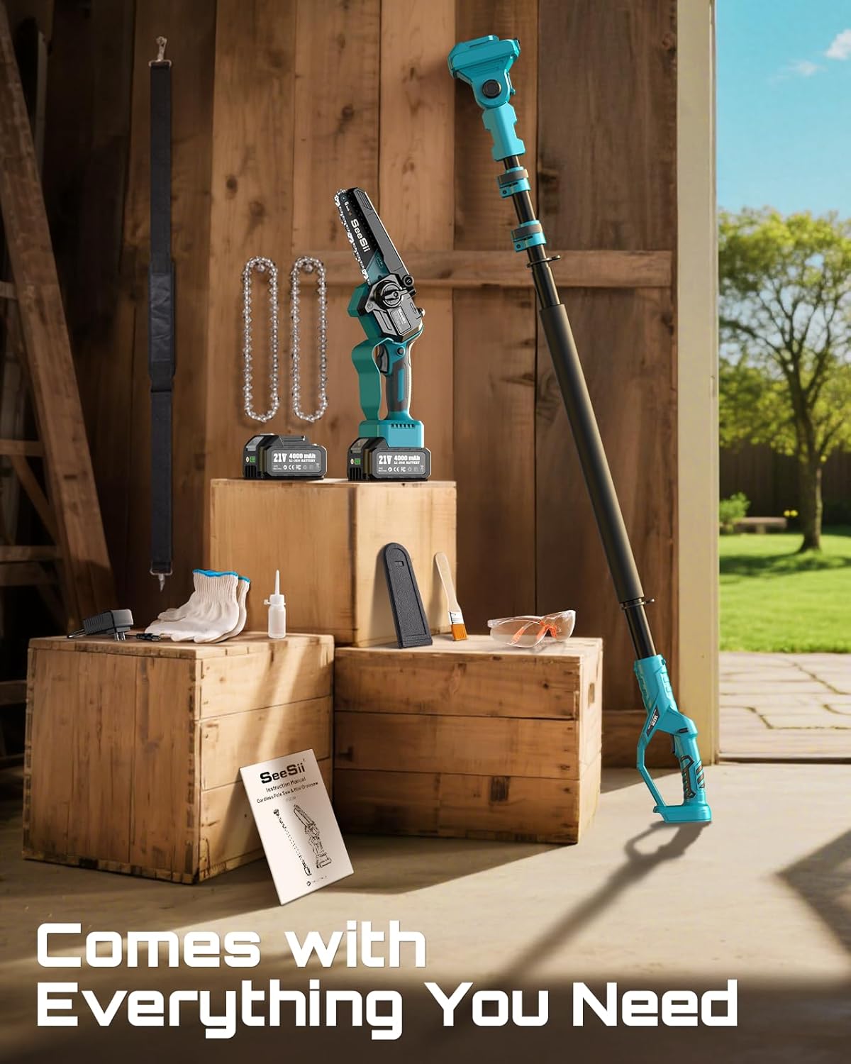 AirCut 2-in-1 — Pruning up to 180 inches high — from the ground, no ladder needed.
